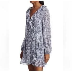 Paige Shawna 100% Silk Floral Paisley Ruffle Wrap Mini Dress Size Med Grey White